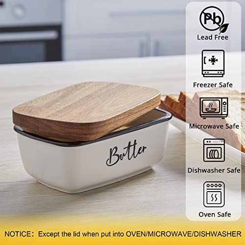 Butter Dish with Lid, ALELION Large Ceramic Butter Dish with Lid for Countertop, Butter Keeper with Thick Acacia Wood Lid, Kitchen Decor and Accessories for Kitchen Gifts, White