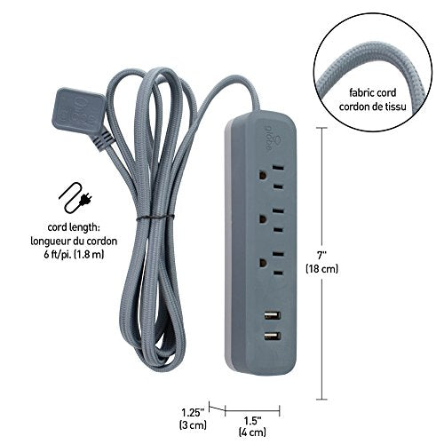Globe Electric Designer Series 6-ft 3-Outlet USB Surge Protector Power Strip, 2x USB Ports, Right Angle Plug, Adriatic Rubberized Finish 78392