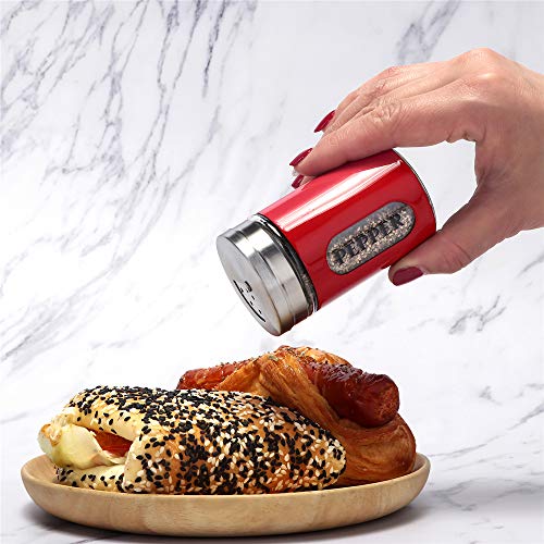 YEEPHENYEEVEE Salt and Pepper Shakers Stainless Steel and Glass Set with Adjustable Pour Holes (Red)