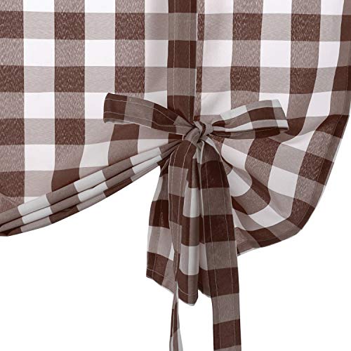 Hiasan Buffalo Check Tie Up Curtains for Windows - Rod Pocket Semi Sheer Light Filtering Kitchen Curtains, Coffee, 42 x 63 Inches, 1 Panel