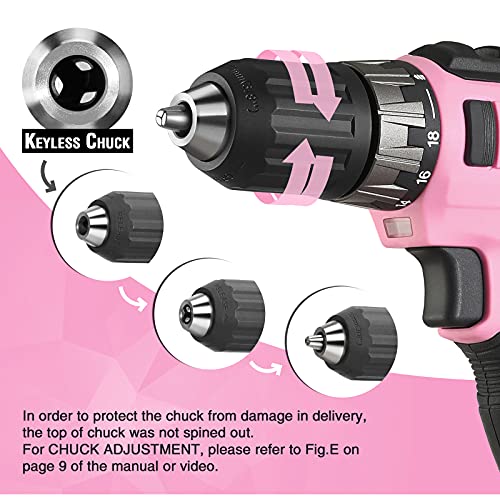 WORKPRO 20V Pink Cordless Drill Driver Set, 3/8” Keyless Chuck, 2.0 Ah Li-ion Battery, 1 Hour Fast Charger and 11-inch Storage Bag Included