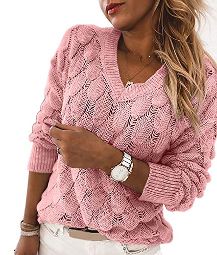 Women's V Neck Long Sleeve Pullover Sweater Lightweight Knit Sweaters Novelty Sweaters Pink