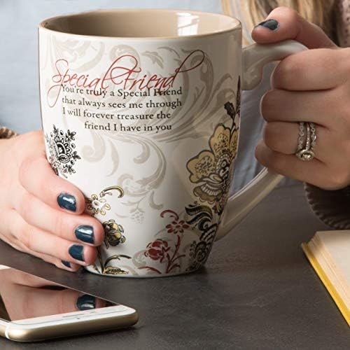 20oz Ceramic Coffee or Tea Mug w/Quote for a Special Friend, Tan, Rust and Yellow Floral Design