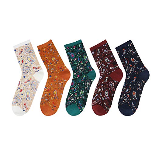 Womens Gils Novelty Funny Funky Crew Socks Colorful Crazy Cute Floral Animal Food Patterned Cotton Dress Socks Gifts,5 Pair Paisley Flower