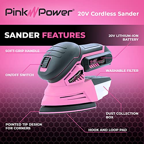 Pink Power Detail Sander for Woodworking 20V Cordless Electric Hand Sa Pink and Caboodle Pink Power Detail Sander for Woodworking 20V Cordless Electric Hand Sa Pink and Caboodle