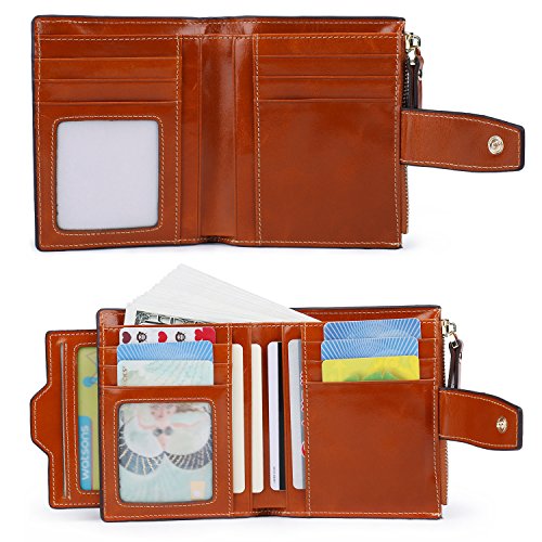 AINIMOER Women's RFID Blocking Leather Small Compact Bi-fold Zipper Pocket Wallet Card Case Purse (Waxed Camel)