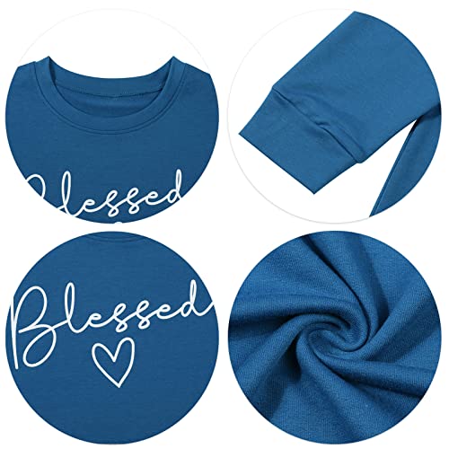 Blessed Sweatshirt for Women Letter Print Lightweight Thanksgiving Pullover Tops Blouse Blue