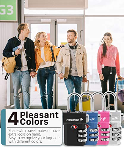 Fosmon TSA Approved Luggage Locks, (4 Pack) Open Alert Indicator 3 Digit Combination Padlock Codes with Alloy Body and Release Button for Travel Bag, Suit Case and Luggage - Blue, Pink, Silver, Black