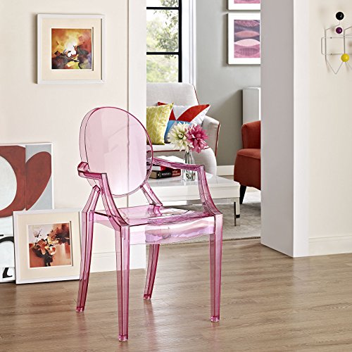 Modern Acrylic Stacking Kitchen, Living or Dining Room Arm Chair in Pink - Fully Assembled
