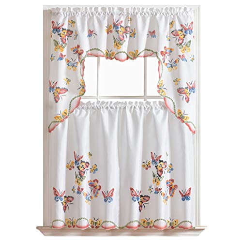 GOHD - 3pcs Kitchen Curtain/Cafe Curtain Set, Air-brushed By Hand of Flying Butterfly Design (swag & 36