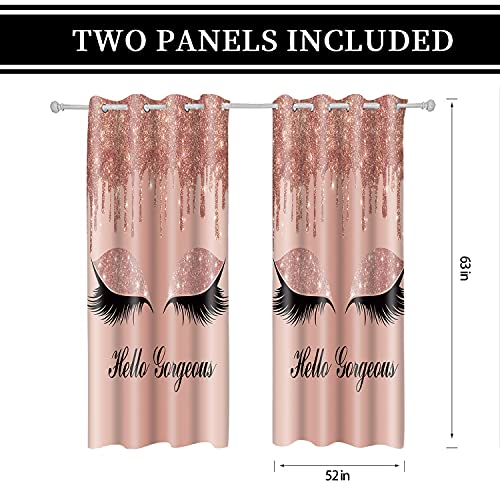 BSPPTI Hello Gorgeous Unicorn Eyelash Print Curtain, Room Darkening Thermal Insulated Blackout Rose Gold Drips Window Drapes with Grommets for Living, Bedroom, 52"x 63", Set of 2 Panels, CLLSSP20
