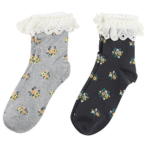 Women's Lace Trim Socks,Funcat Frilly Ruffle Crazy Funny Colorful Floral Art Pattern with Lace Top Anklet Casual Novelty Socks 5 Pairs