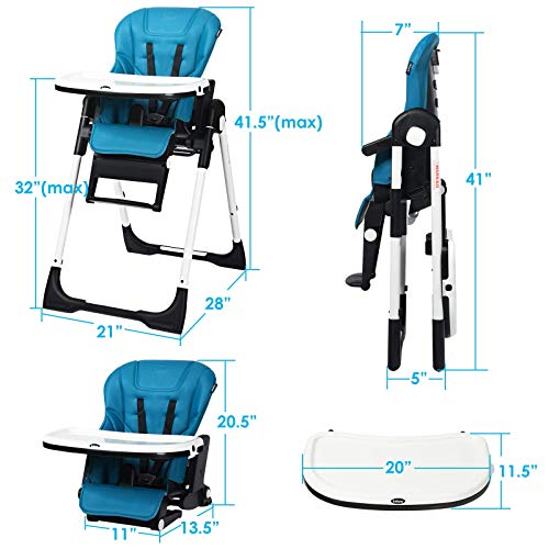 INFANS 4 in 1 High Chair–Booster Seat, Convertible Highchair w/Adjustable Height and Recline, Removable Tray, Detachable Cushion, Installation-Free, Simple Fold for Baby, Infant & Toddler, Blue