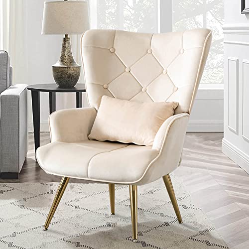 Altrobene Modern Accent Chair, Velvet Lounge Chair, Living Room/Bedroom Arm Chair with Pillow, Button Tufted, Golden Finished, Beige