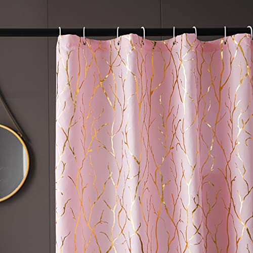 Pink & Metallic Gold Foil Branch Print Grommet Top Shower Curtain w/12 Hooks Set