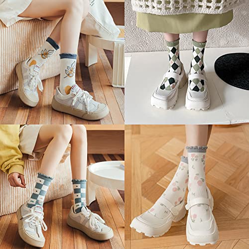 Women's Cute Flower Patterns Lightweight Casual Cotton Crew Socks, 6 Pack