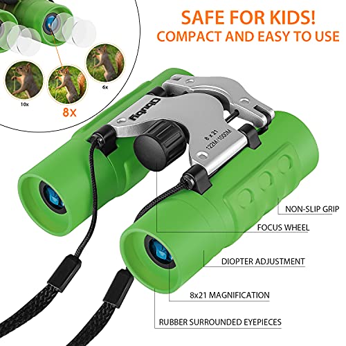 Obuby Real Binoculars for Kids Gifts for 3-12 Years Boys Girls 8x21 High-Resolution Optics Mini Compact Binocular Toys Shockproof Folding Small Telescope for Bird Watching,Travel, Camping, Light Green