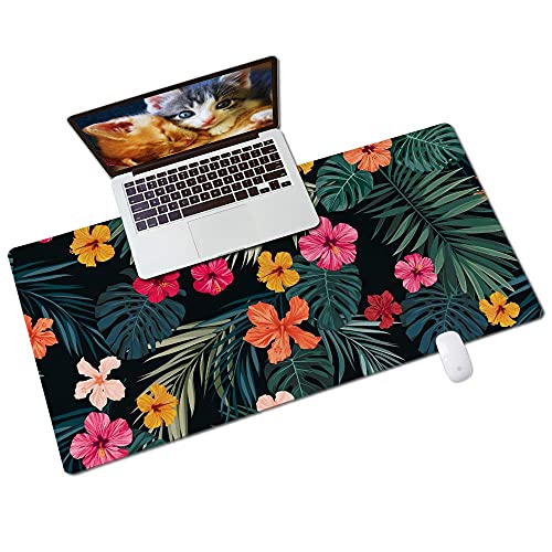 Mouse Pad or Desk Protector Mat, Extended Size, Waterproof - Palm Leaves & Flowers