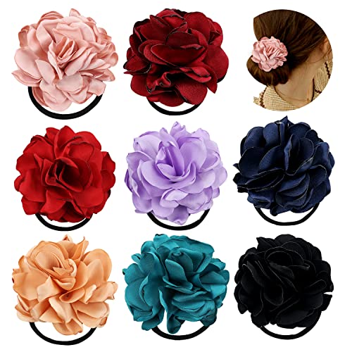 8 Pack Colorful Handmade Flower Hair Bow Elastic Stretchy Rubber Band Ponytail Scrunchies