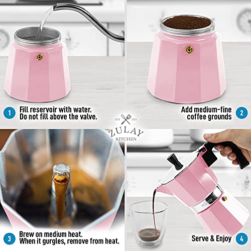 Zulay Classic Stovetop Espresso Maker for Great Flavored Strong Espresso, Classic Italian Style 5.5 Espresso Cup Moka Pot, Makes Delicious Coffee, Easy to Operate & Quick Cleanup Pot (Pink)