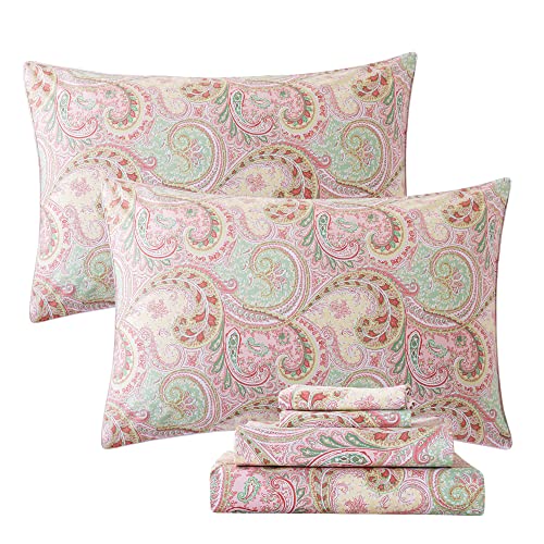 Pink & Green Paisley 4-Pc Deep Pocket Cotton Bed Sheet Set  (6 sizes)