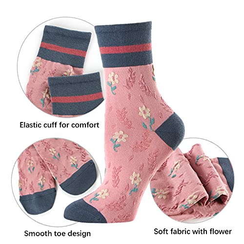 Women's Flowers & Leaves Pattern Casual Cotton Crew Socks, 6-Pack