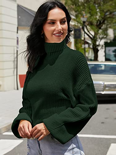 ZAFUL Women's Cropped Turtleneck Sweater Lantern Sleeve Ribbed Knit Pullover Sweater Jumper (2-Green, M)