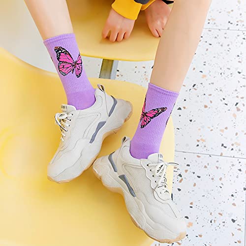 Christmas Gift Womens Novelty Funny Crew Socks Girls Cute Floral Colorful Patterned Socks Silly Funky Casual Cotton Flower printed Socks Gift，5 Pair-butterfly