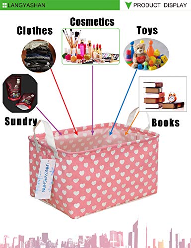 Rectangle Canvas Collapsible Storage Basket w/Handles for Toys, Laundry, Office, Closets (Pink and White Hearts)