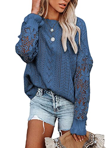 Women's Lantern Sleeve Lace Knit Crew Neck Pullover Sweater Top, Sizes Small to 2XL  (11 colors)