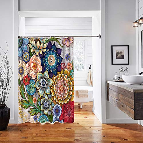 Bright Big Boho Floral Fabric Shower Curtain w/12 Hooks Set