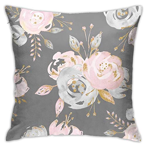 Hwensona Golden Blush Roses Floral On Gray Summer Watercolor Glitter Flowers Throw Pillow Covers and Cases Modern, Decorative Cover Sets for Pillows - Couch, Bed, Home Decor (18
