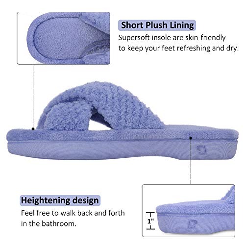 DL Women's Open Toe Cross Band Slippers, Memory Foam Slip on Home Slippers for Women with Indoor Outdoor Arch Support Rubber Sole, Lt Blue, 9-10