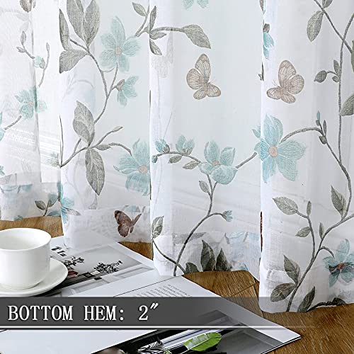 Tollpiz Short Sheer Floral Tier Curtains Blue Flower Butterfly Printed Half Window Curtain Rod Pocket Kitchen Voile Faux Linen Curtains for Bathroom, 30 x 24 inches Long, Set of 2 Panels