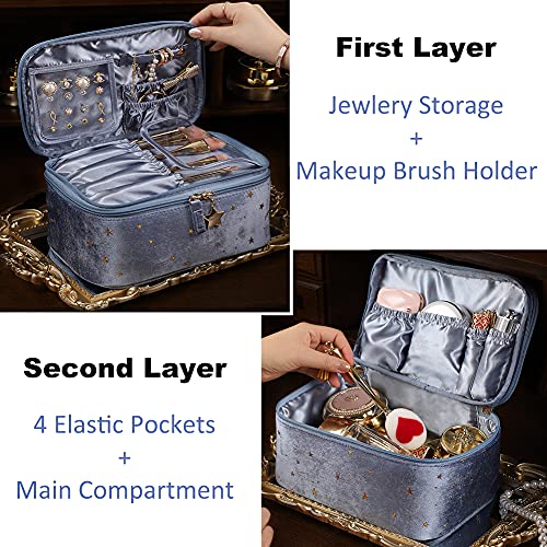 HOYOFO Velvet Makeup Bag for Women Double-layer Travel Cosmetic Case Set of 2 Make up Bags with Handle/Brush Holder (F-Blue Set)