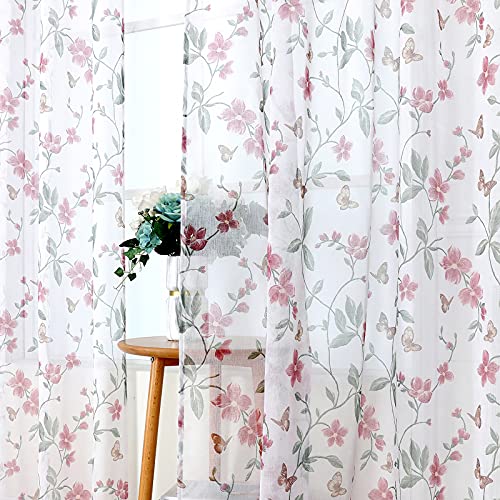 Tollpiz Short Sheer Floral Tier Curtains Pink Flower Butterfly Printed Half Window Curtain Rod Pocket Kitchen Voile Faux Linen Curtains for Bathroom, 30 x 24 inches Long, Set of 2 Panels