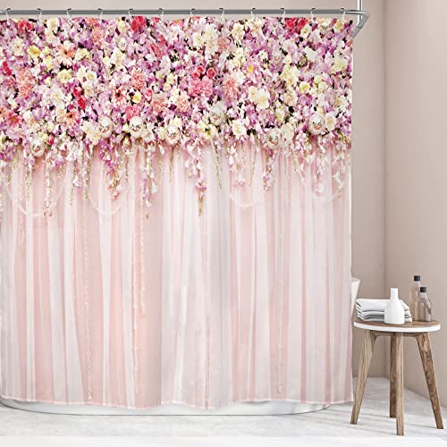 Cascading Spring Nature Pink Roses Shower Curtain w/12 Hooks Set