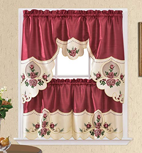 GOHD Rose Melody. 3pcs Kitchen Cafe Curtain Set. Swag and 24 inches Tiers Set for Small Windows. Nice Matching Color Rose Embroidery on Border and Inserted Organza. (Burgundy)