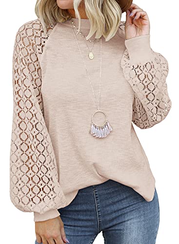 MIHOLL Women’s Long Sleeve Tops Lace Casual Loose Blouses T Shirts (Oatmeal, Small)