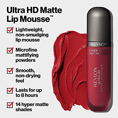 REVLON Ultra HD Lip Mousse Hyper Matte, Longwearing Creamy Liquid Lipstick in Plum / Berry, Rocky Plum (840), 0.2 oz