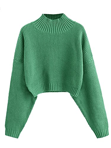 ZAFUL Women's Cropped Turtleneck Sweater Lantern Sleeve Ribbed Knit Pullover Sweater Jumper (1-Cyan Opaque, M)