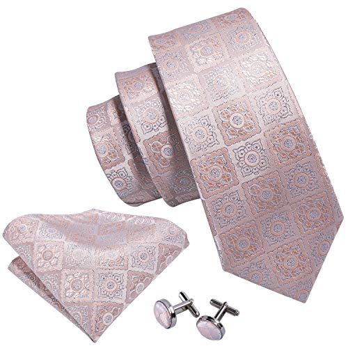 Barry.Wang Mens Ties Silk Tie Pocket Square Cufflinks Set Woven Designer Bright Pink