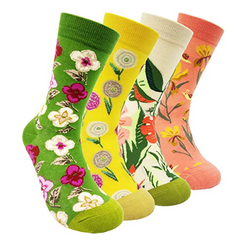 Bright Spring Flowers Cotton Crew Socks for Women & Girls, 4 Pair