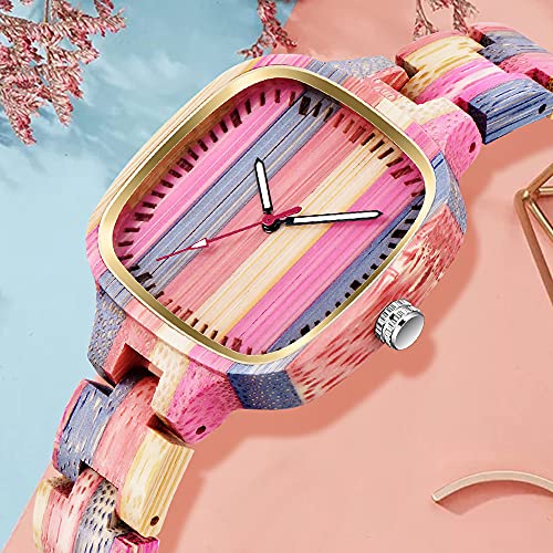 Handmade Colorful Bamboo Women's Striped Wooden Watch, Analog Quartz Wooden Wristwatch