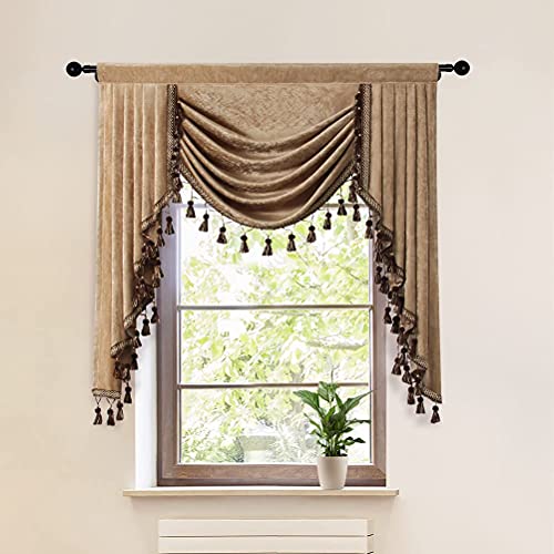 ELKCA Thick Double-Sided Chenille Swag Waterfall Valance for Bedroom Luxury Window Curtains Valance for Living Room (Coffee, W39 Inch, 1 Panel)