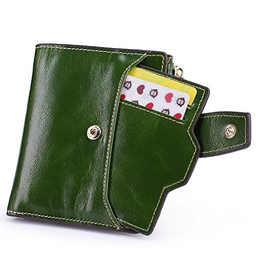 AINIMOER Women's RFID Blocking Leather Small Compact Bi-fold Zipper Pocket Wallet Card Case Purse (Waxed Green)