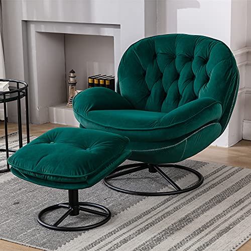 Baysitone Accent Chair with Ottoman,360 Degree Swivel Velvet Accent Chair, Lounge Armchair with Metal Base Frame for Living Room, Bedroom, Reading Room, Home Office (Green)