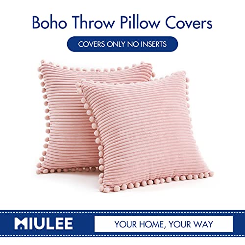 MIULEE Boho Decorative Throw Pillow Covers with Pom-poms, Soft Corduroy Square Solid Lumbar Cushion Cases for Spring Couch Sofa Bedroom, 18x18 inch Pink