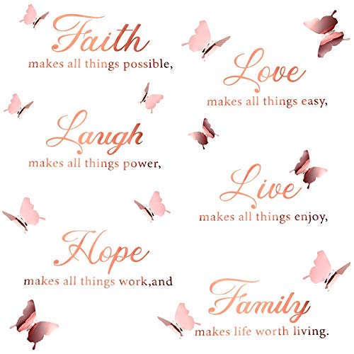6 Pieces Faith Hope Love Laugh Family Live Wall Decal Sticker Motivational Wall Decal Sticker with 12 Pieces 3D Butterfly Decal Inspirational Quotes Sticker Set for Home Office Decor (Rose Gold)
