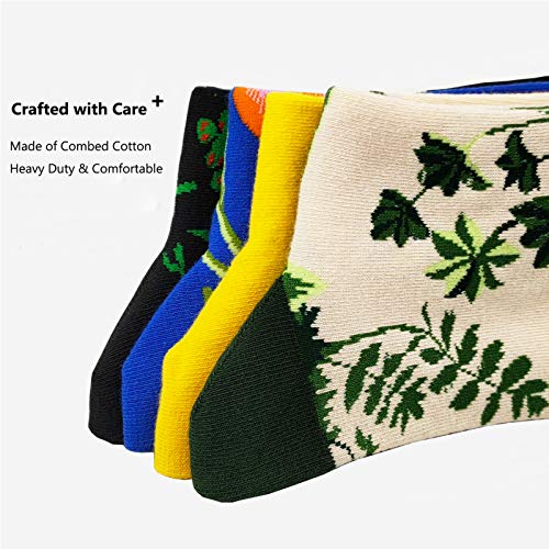 Womens Funny Dress Crew Socks Flower - HSELL Colorful Floral Fancy Pattern Casual Cotton Socks (Tulip & Birds - 4 Pairs)